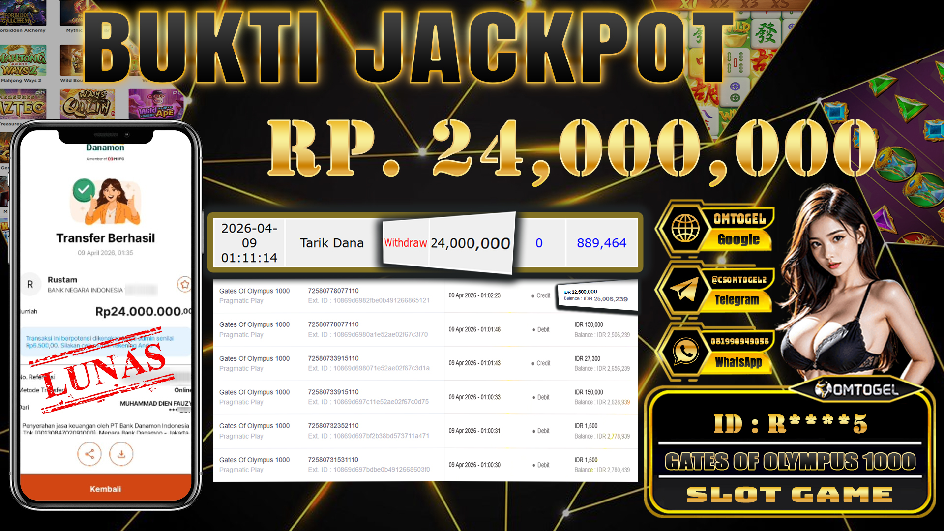 OMTOGEL JACKPOT PRAGMATIC PLAY GATES OF OLYMPUS 1000,24 JUTA DI BAYAR LUNAS ,-