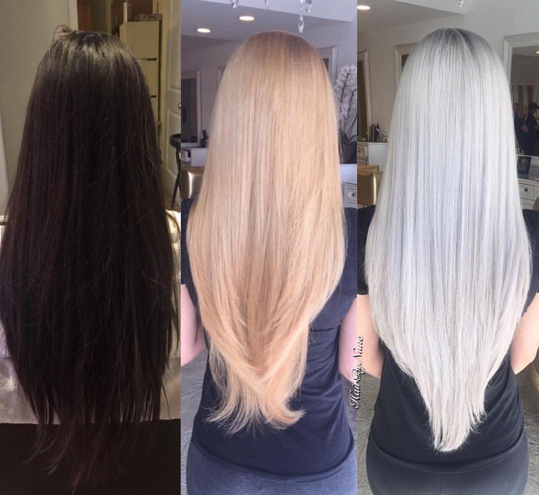 Transformation of long dark brown hair to platinum blonde