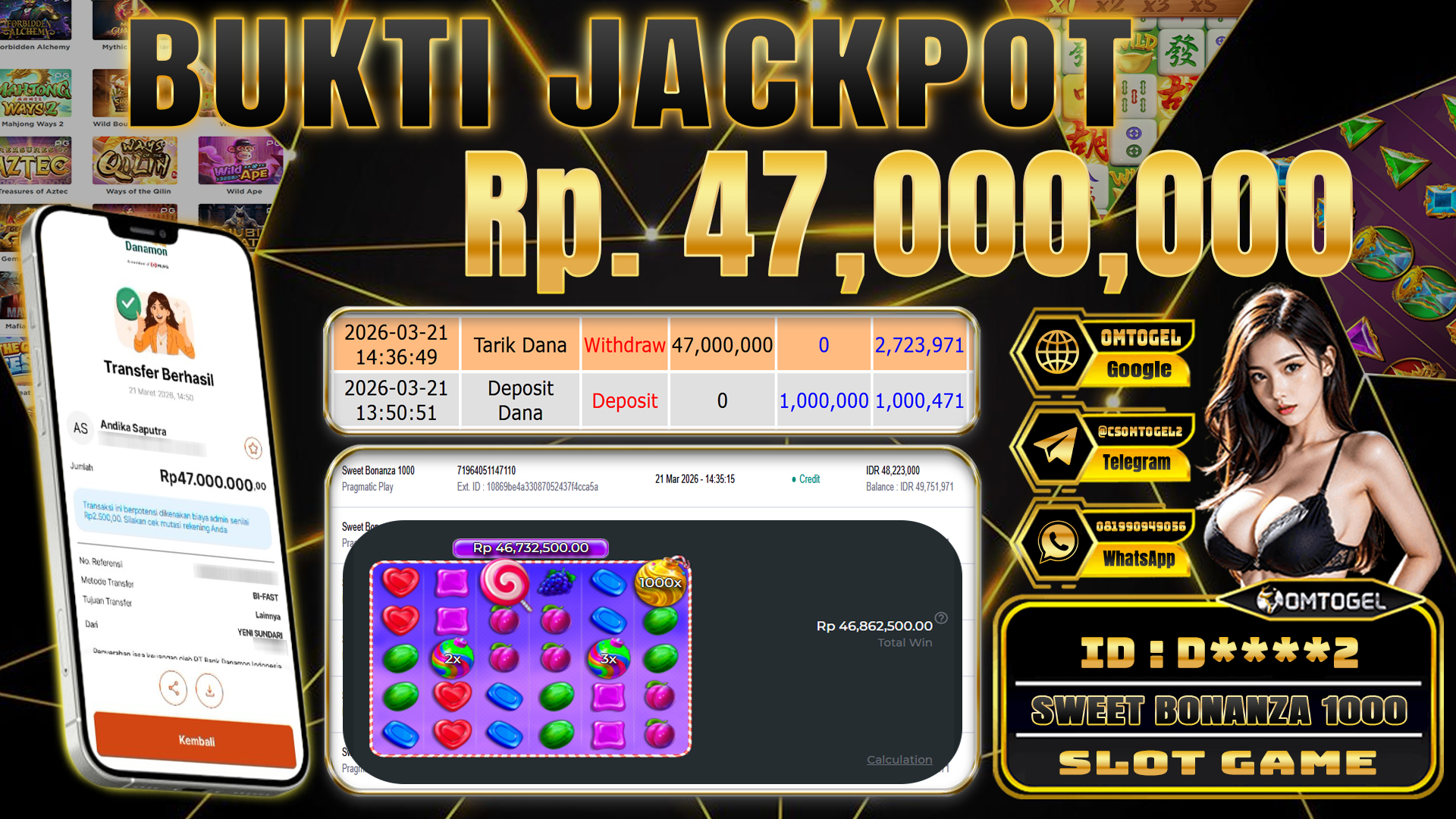 OMTOGEL JACKPOT PRAGMATIC PLAY SWEET BONANZA 1000 , 47 JUTA DI BAYAR LUNAS ,-