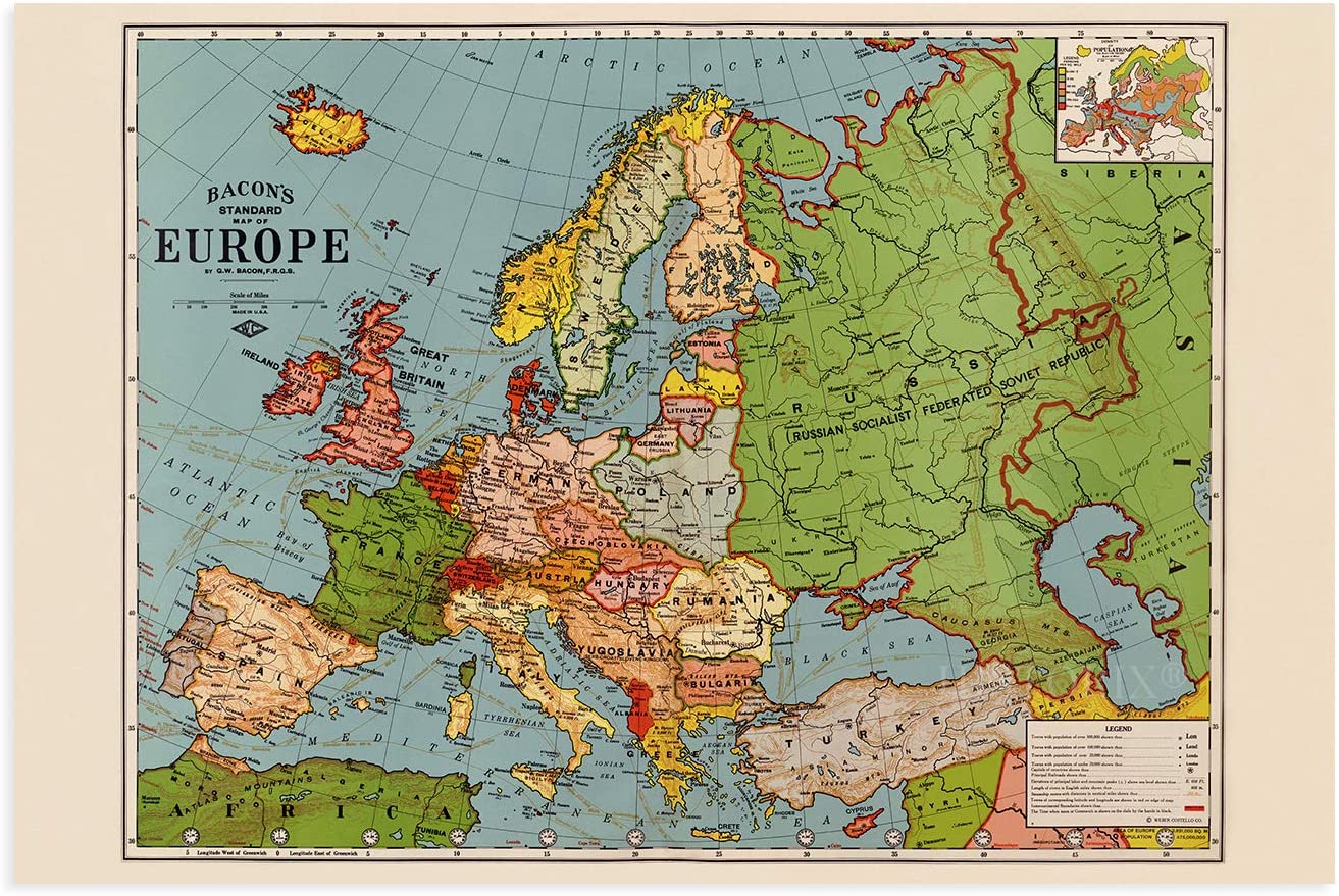 1925 Map of Europe Poster - Vintage Standard Map of Europ Wall Art Decor Print - Picture 24 of 24