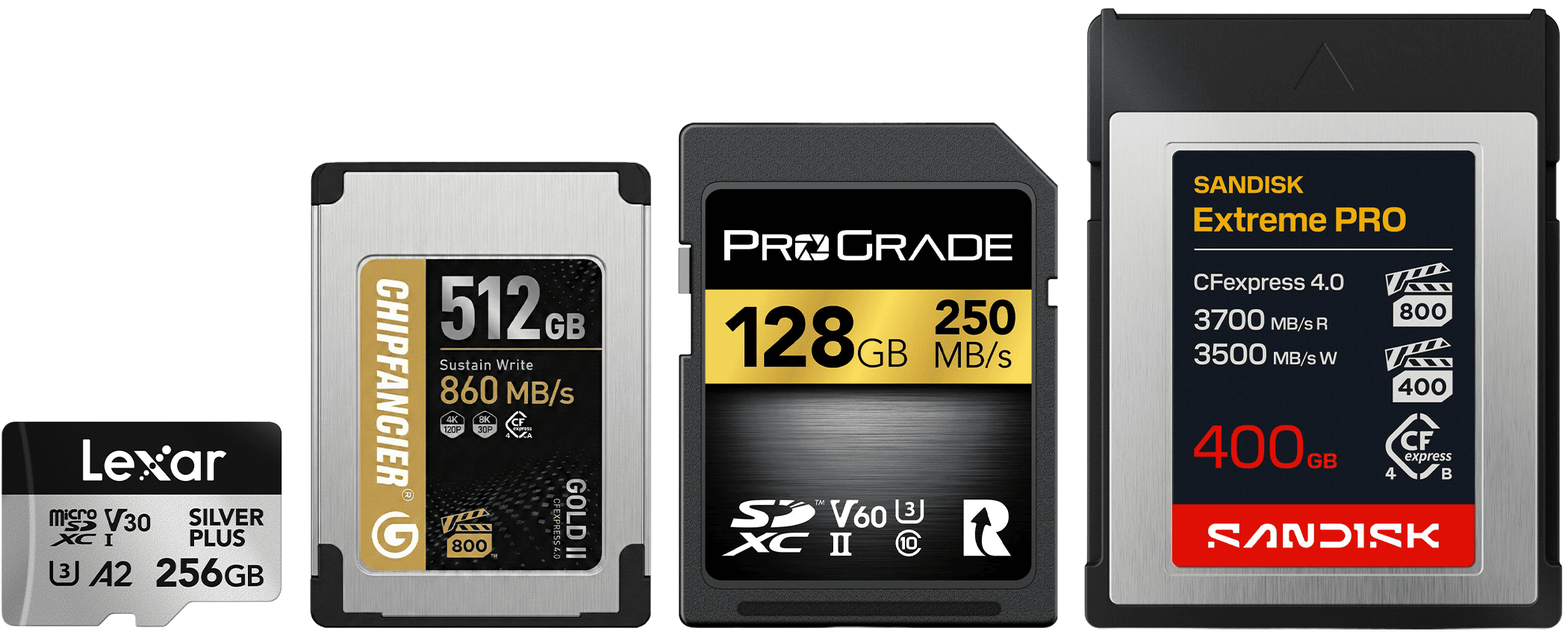 A lineup of Lexar, ChipFancier, ProGrade and SanDisk memory cards showing relative scale