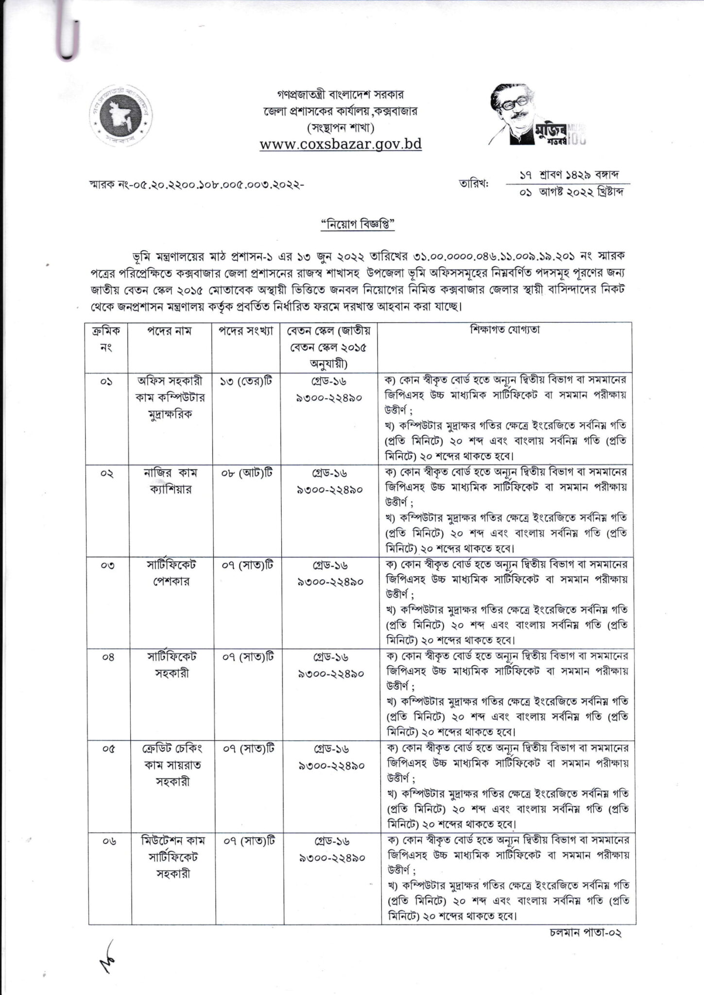 Feni Dc Office Job Circular 2022