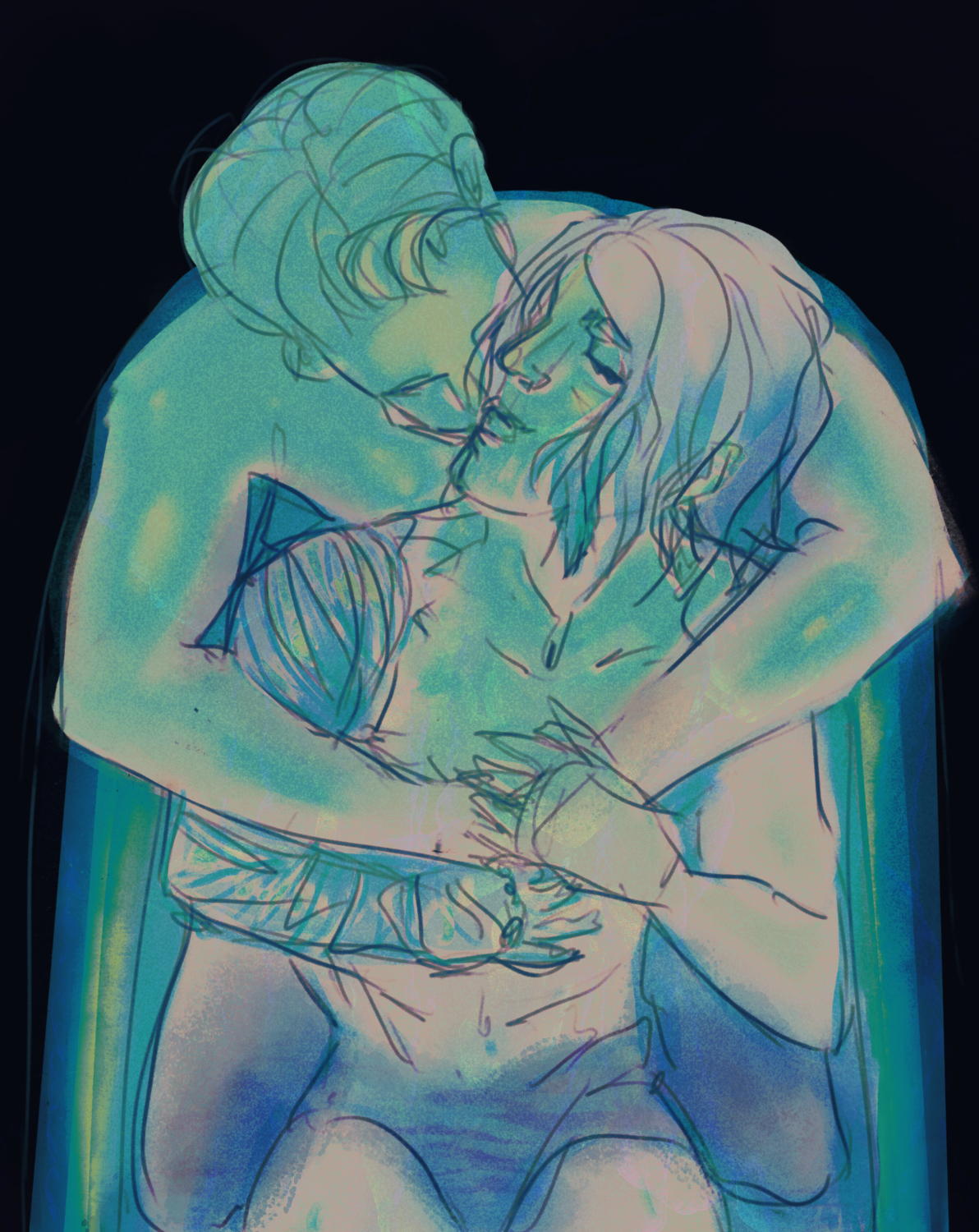 steve and bucky in the bath done in blue/green tones