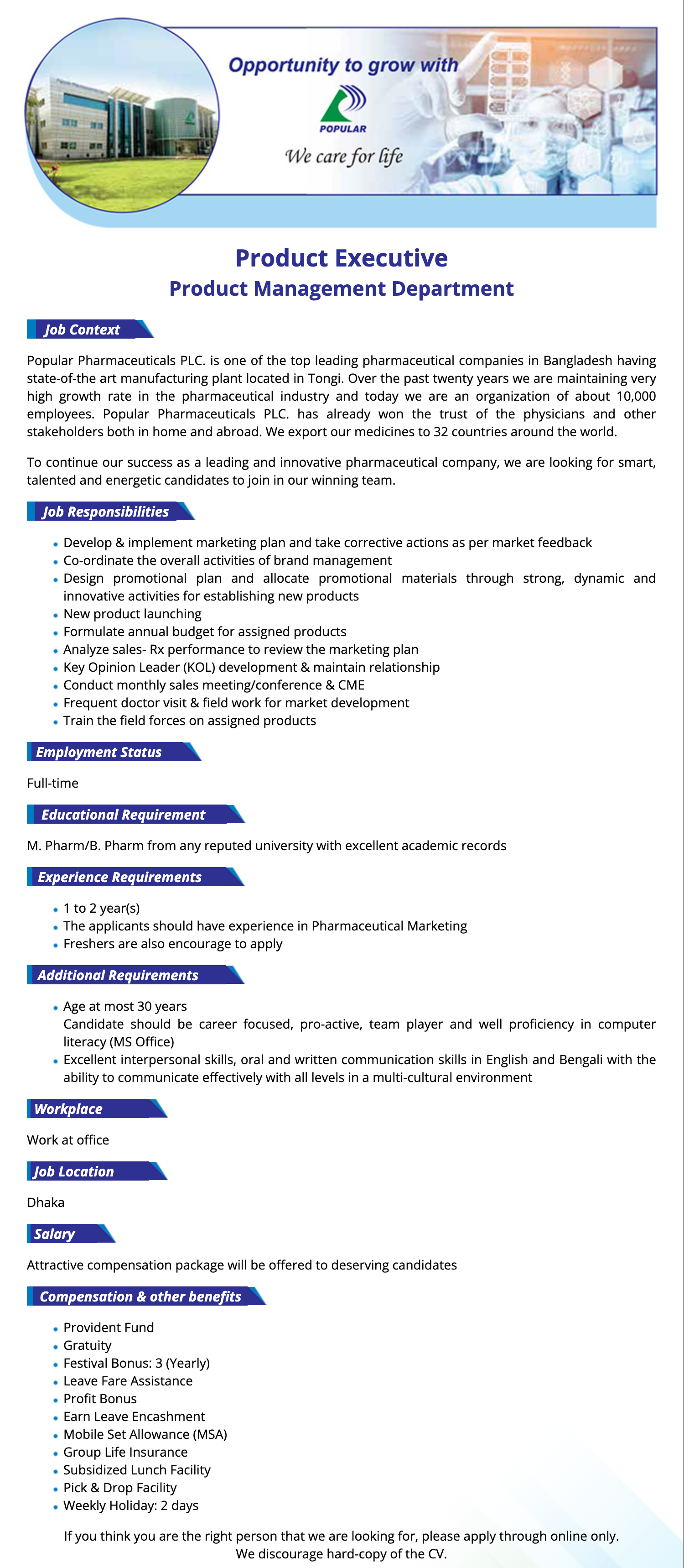 Popular Pharmaceuticals Ltd Job Circular 2025