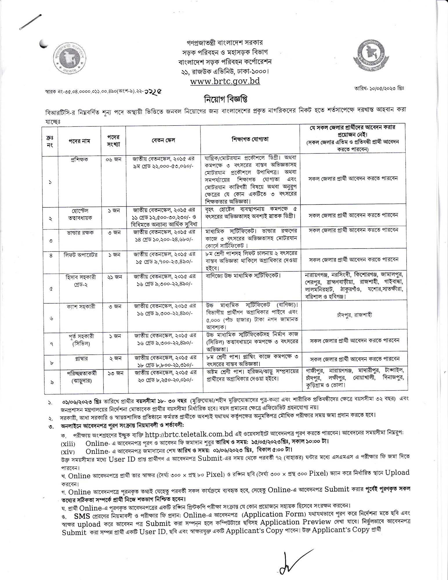 BRTC Job Circular 2023