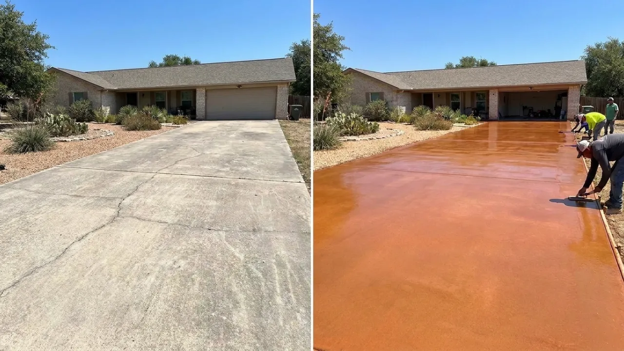 Before and after concrete driveway staining in San Antonio — plain weathered gray slab on the left transformed into a rich earth-tone stained and sealed driveway on the right by Affordable Concrete San Antonio