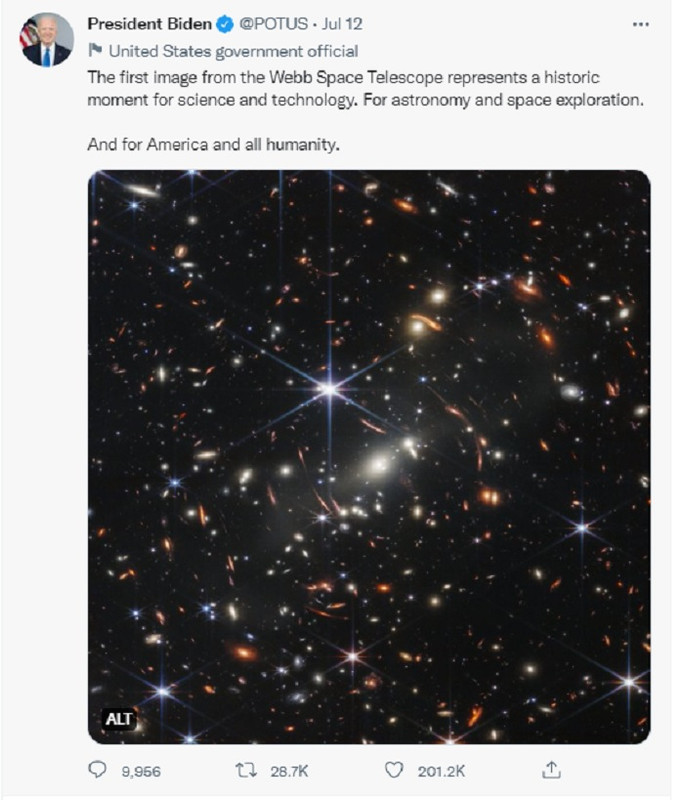Joe Biden mengunggah foto pertama yang diambil oleh James Webb Space Telescope, proyek NASA senilai Rp 74 triliun yang telah dibuat selama lebih dari dua dekade, Rabu (13/7/2022).