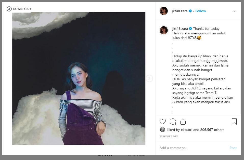 Zara JKT48 umumkan akan lulus dari JKT48