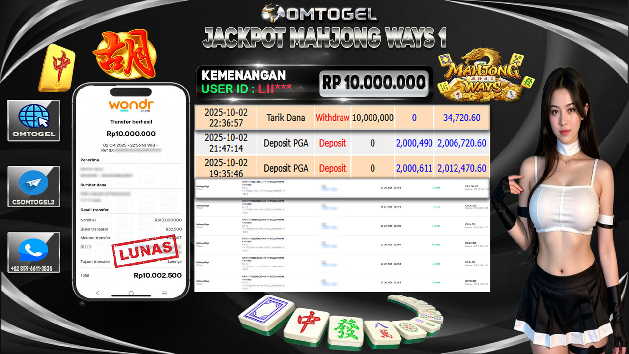 OMTOGEL JACKPOT PGSOFT MAHJONG WAYS 10 JUTA DI BAYAR LUNAS ,-