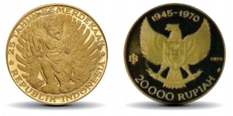 Uang nominal Rp 20.000 bergambar Burung Garuda dan Ukiran Garuda Bali versi cetakan dari emas kadar 900/1000