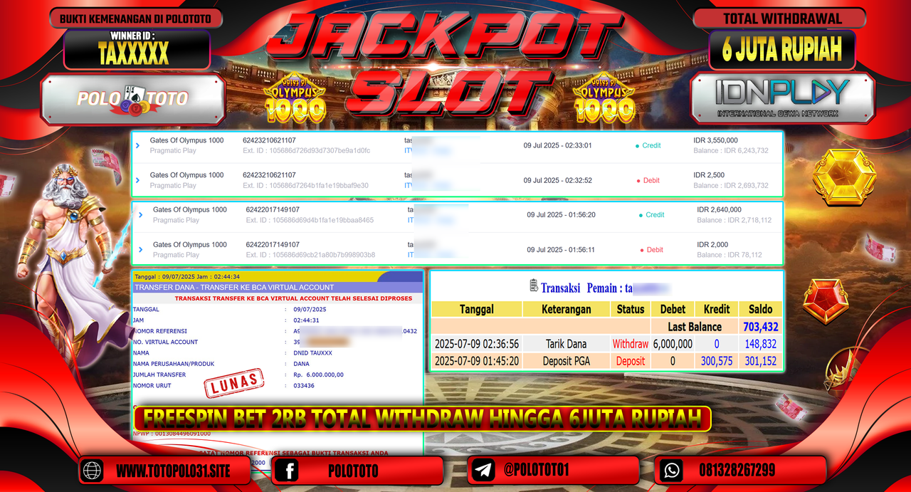 POLOTOTO JACKPOT SLOT GATES OF OLYMPUS 1000 Rp.6.000.000,-