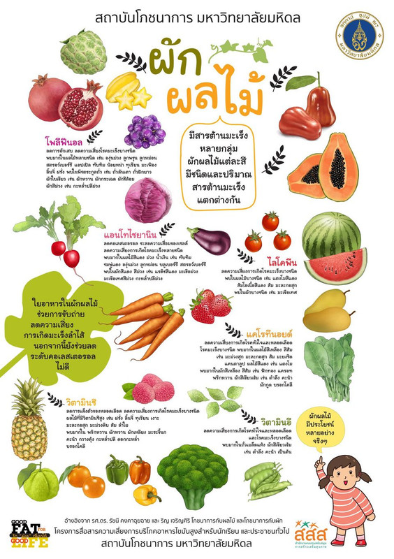 ผัก ผลไม้ ที่มีมีสารต้านมะเร็งหลายกลุ่ม และมีใยอาหารช่วยในการขับถ่าย ลดระดับคอเรสเตอรอลไม่ดี