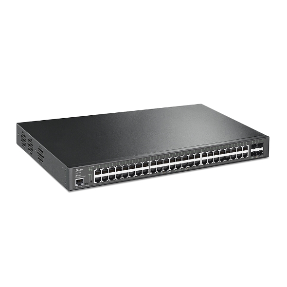 Vista superior do Switch TP-Link TL-SG3452XP em um rack.