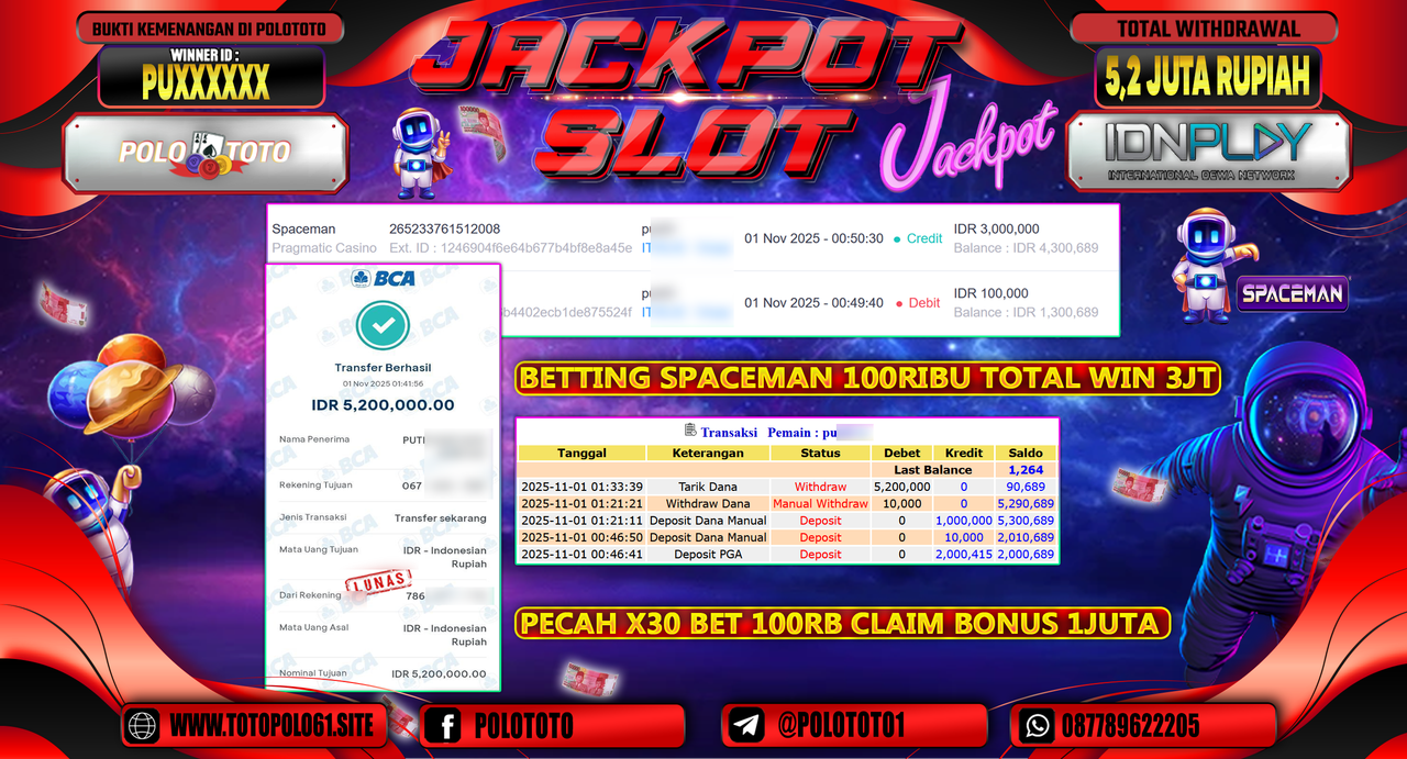 POLOTOTO JACKPOT SLOT SPACEMAN Rp.5.200.000,- LUNAS