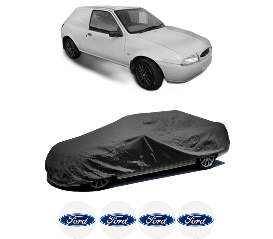 Husa tip prelata auto pentru FORD FIESTA Hatchback Van (JV_) din 1998-2003, Culoare Negru, material textil impermeabil, rezistanta la intemperii praf UV, CARPASSION Husa Protectie, 4 Stickere auto cu FORD