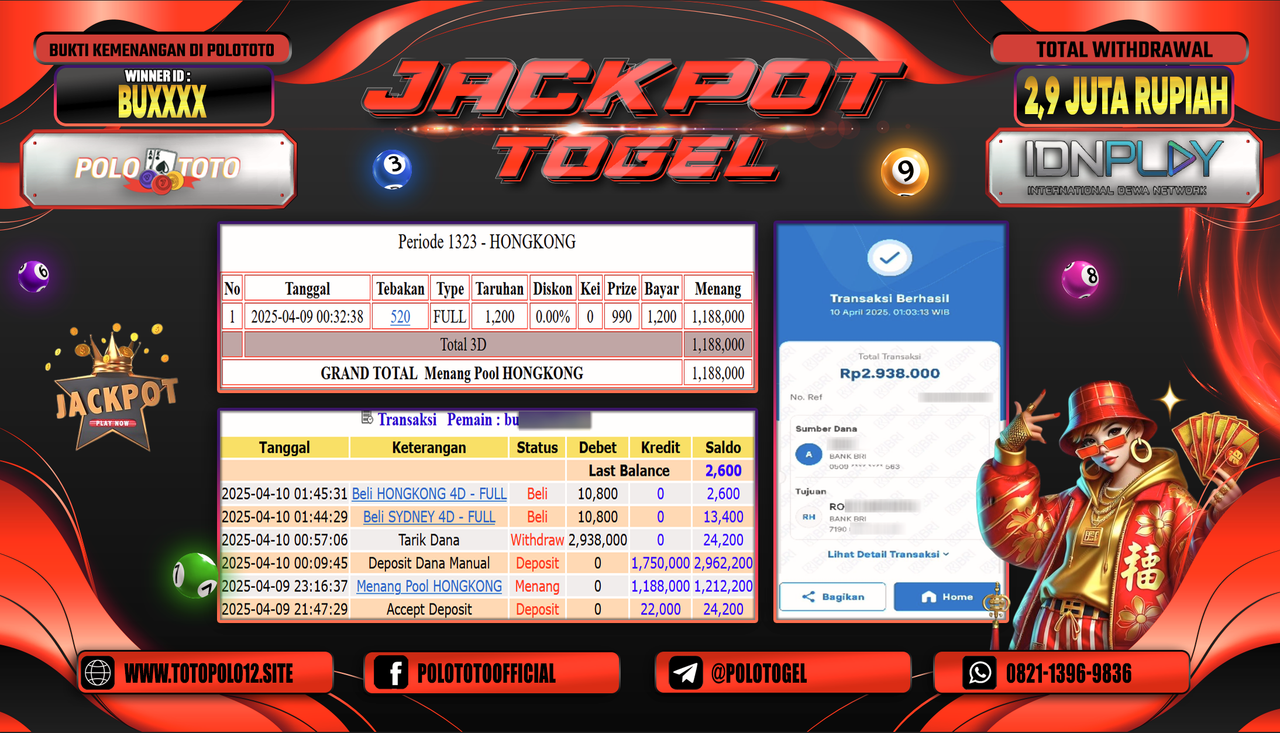 POLOTOTO JACKPOT TOGEL PASARAN HONGKONG LOTTO Rp.2.900.000,- LUNAS