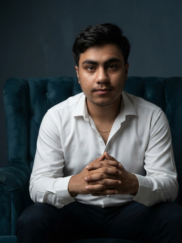 AI-generated example result for the creative-images prompt: Studio Seated Male Portrait Prompt by Prompt Craft