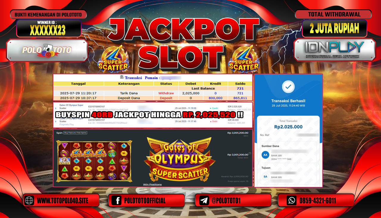 POLOTOTO JACKPOT SLOT GATES OF OLYMPUS SUPER SCATTER Rp.2.000.000,- LUNAS