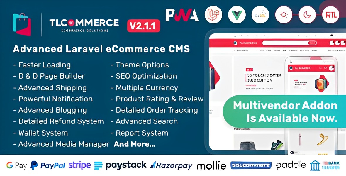 TLCommerce – Laravel & VueJS Powered Ecommerce CMS with PWA Script PHP