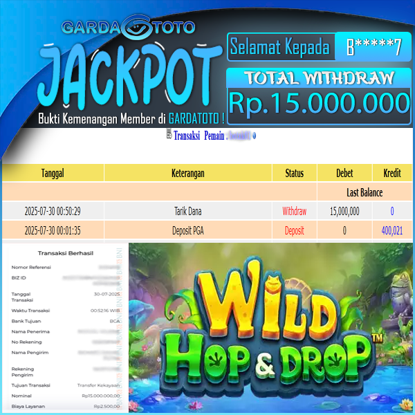 JACKPOT MAIN DI SLOT PRAGMATIC PLAY WILD HOP & DROP WD Rp 15,000,000,- DIBAYAR LUNAS GARDATOTO 