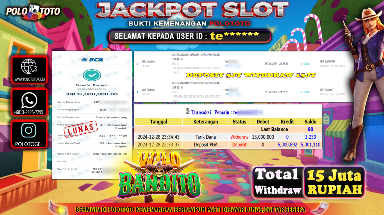 POLOTOTO JACKPOT SLOT WILD BANDITO Rp.15,000.000,-
