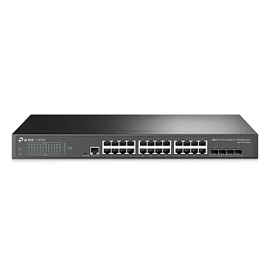 Vista frontal do Switch TP-Link TL-SG3428 em um ambiente de rack de servidores.