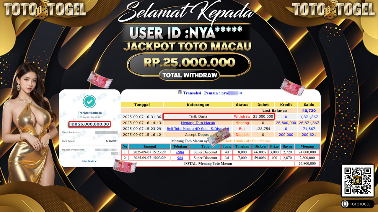 Bukti Pembayaran Jackpot Permainan Togel Toto Macau ID:NYA***** LUNAS