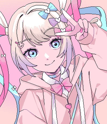 kangel posing with a peace sign above the right side of her head, wearing a pink hoodie