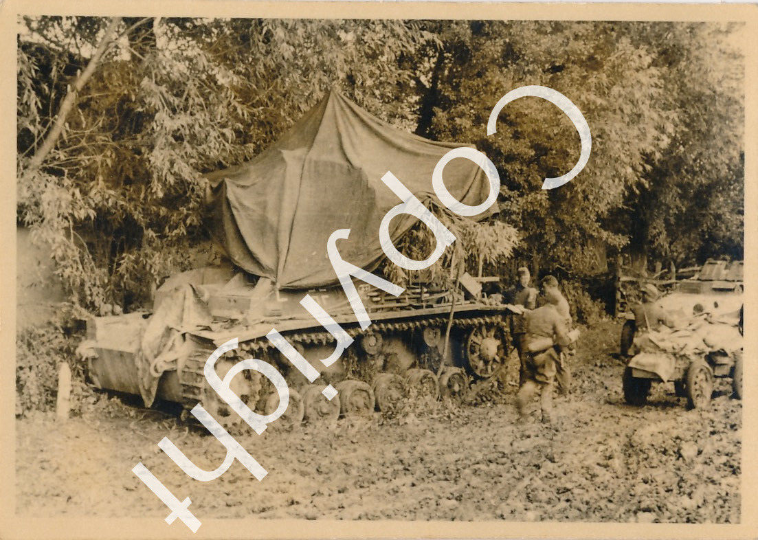 Foto WK2 - Deutscher Panzer Sturmgeschütz getarnt am Waldesrand X64