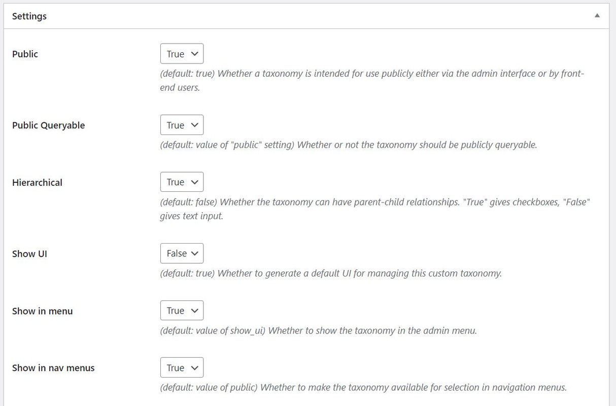 CPT UI Taxonomy settings 1