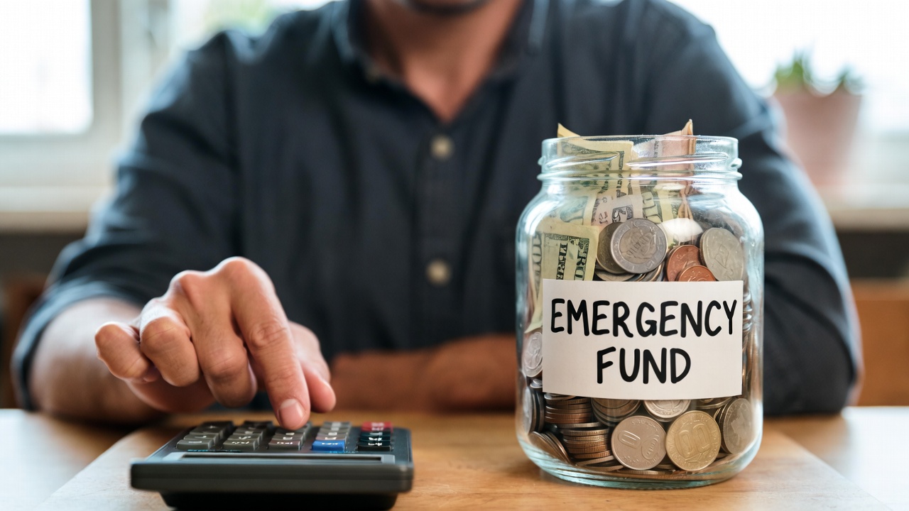 Person using a calculator and looking at savings jar labeled emergency fund