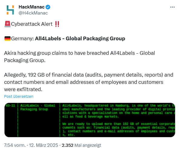 All4Labels Opfer der Akira-Ransomware-Gruppe (11. März 2025)