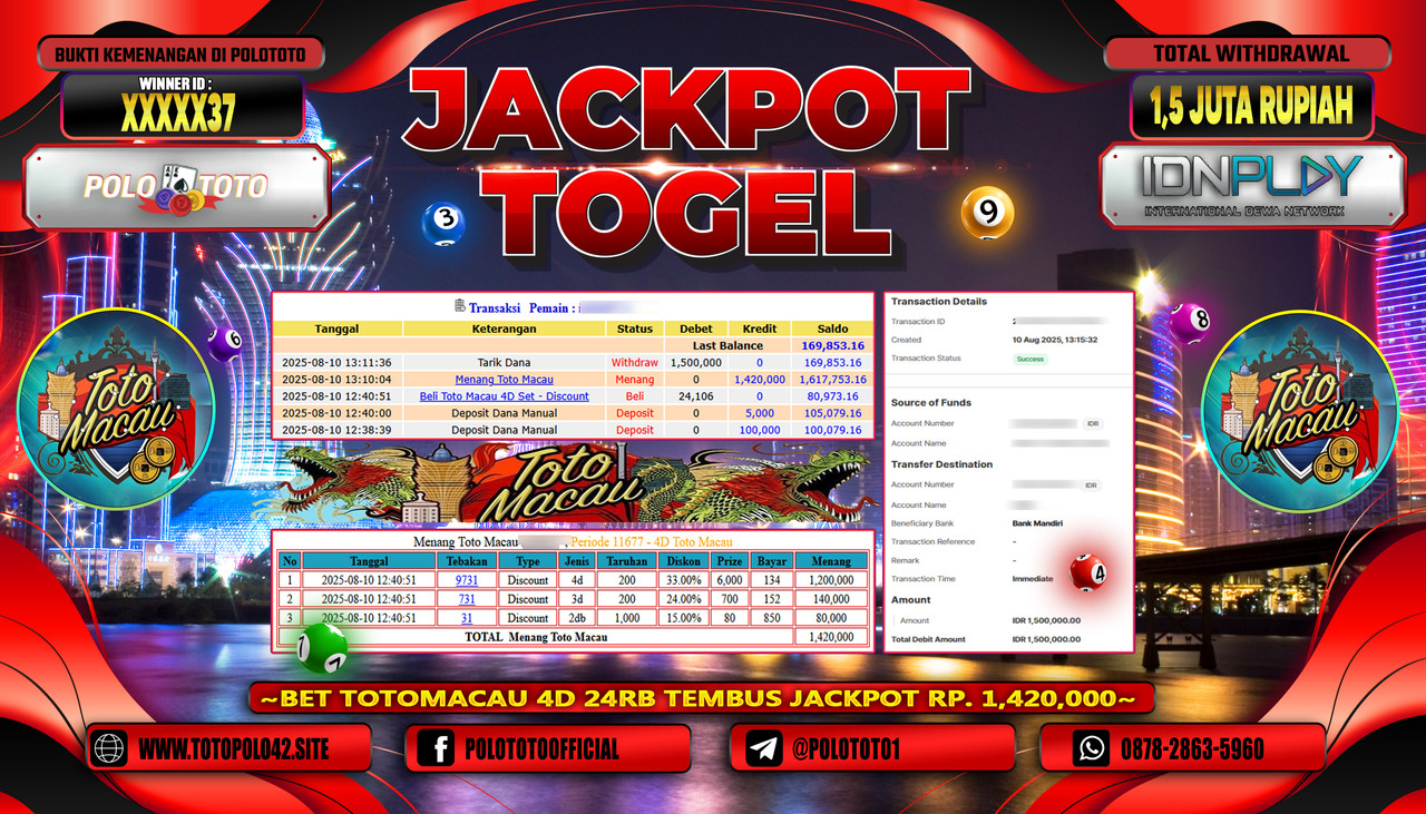 POLOTOTO JACKPOT TOGEL TOTO MACAU Rp.1.500.000,-LUNAS