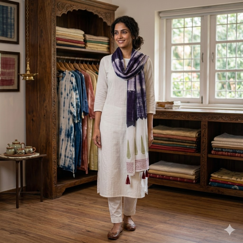 Elegance Blue white Hand Block Printed & Tie & Dye MulMul Cotton Dupatta