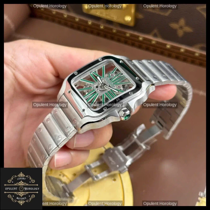 Cartier Santos Watch 39.8mm Skeleton Dial Green Roman Numerals - Super Clone