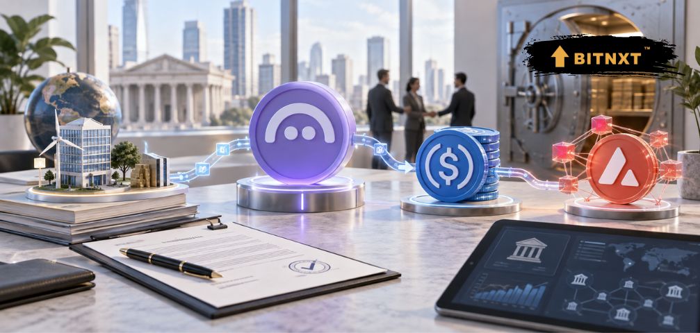 Institutional DeFi setup me Aave, USAT aur Avalanche connection ko dikhata crypto finance concept image.