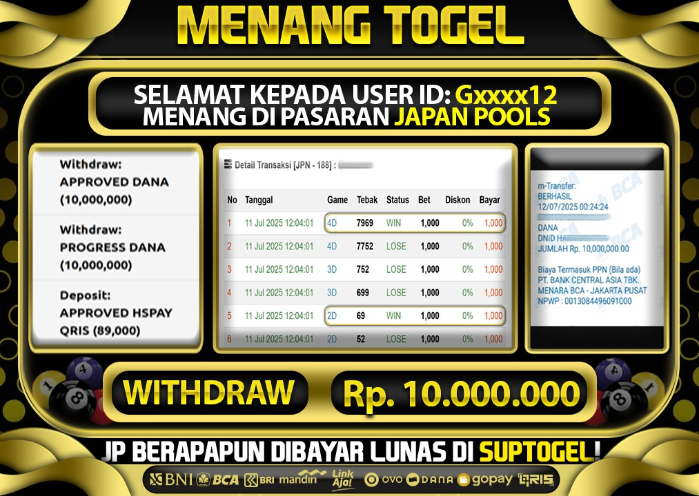  BUKTI KEMENANGAN 11 JULY 2025 MENANG DI PASARAN JAPAN POOLS TOTAL WD 10 JUTA