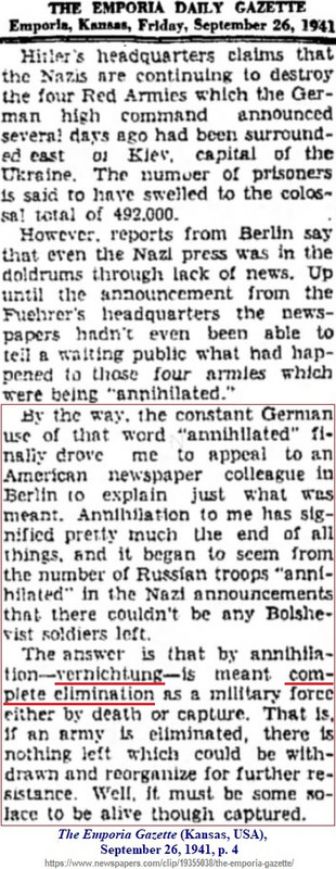 Holocaust - The Emporia Daily Gazette - September 1941 - Dewitt MacKenzie - Vernichtung - real meani