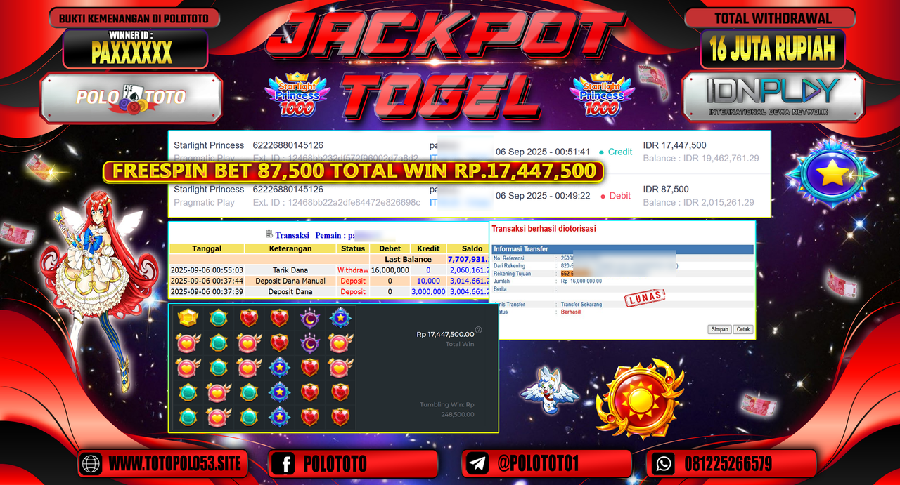 POLOTOTO JACKPOT SLOT STARLIGHT PRINCESS 1000 Rp.16.000.000,-