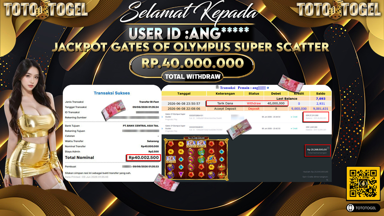 Bukti Pembayaran Jackpot Permainan Slot Gates Of Olympus Super Scatter ID:ANG*****LUNAS