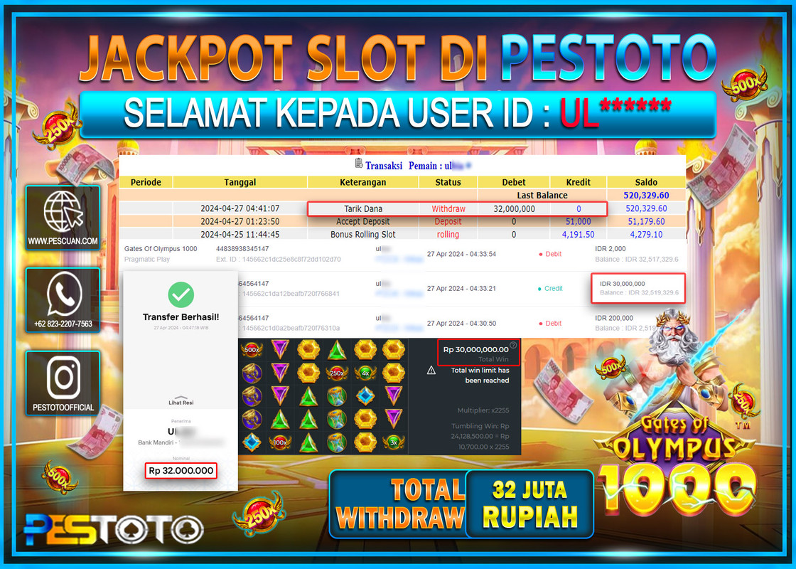 HANYA DI PESTOTO JP PASTI DI BAYAR LUNAS DAN CEPAT!!!!!! JP SLOT{ GATES OF OLYMPUS 1000  } Rp.32.000.000 !!!!!