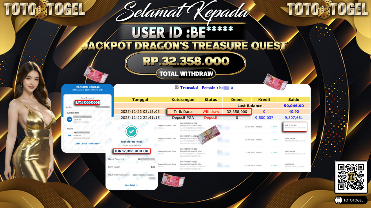 Bukti Pembayaran Jackpot Permainan Slot Dragons Treasure Quest ID:BE**** LUNAS