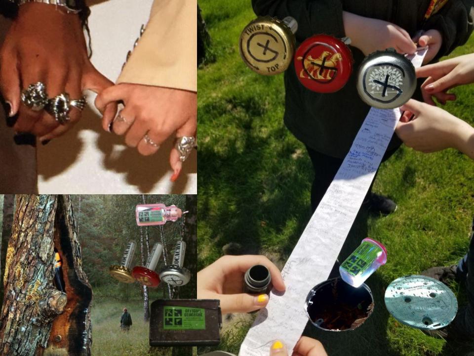 This is a collage about geocaching and the proces of searching for and finding those little boxes of trinkets-- getting to take from and add to them! From left to right, there are photos of two people with lots of rings on linking pinkies, a tree trunk that's split open slightly with a geocache hidden inside, a person standing in the middle of a meadow surrounded by trees, little geocaches made from small tubes attached to the backs of bottlecaps, a basic geocache box, a geocache that's just a tiny little glass bottle, a photo of a long, thin strip of paper with people's names being taken out of a geocache container, the same bottlecap geocaches from earlier at another angle, and a photo of a geocache bottle that was taken out of a little manhole.