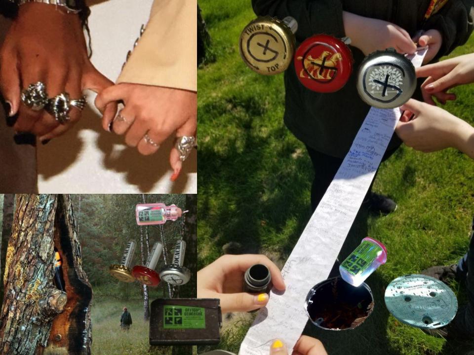 This is a collage about geocaching and the proces of searching for and finding those little boxes of trinkets-- getting to take from and add to them!