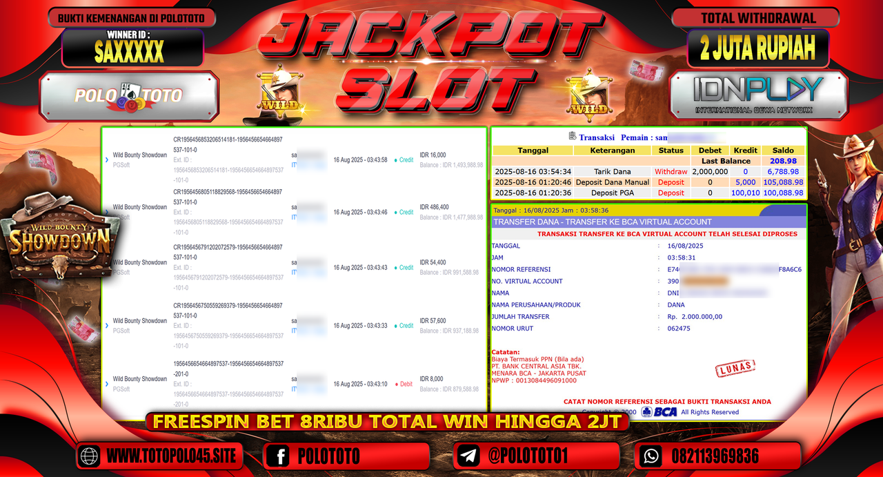 POLOTOTO JACKPOT SLOT WILD BOUNTY SHOWDOWN Rp.2.000.000,-