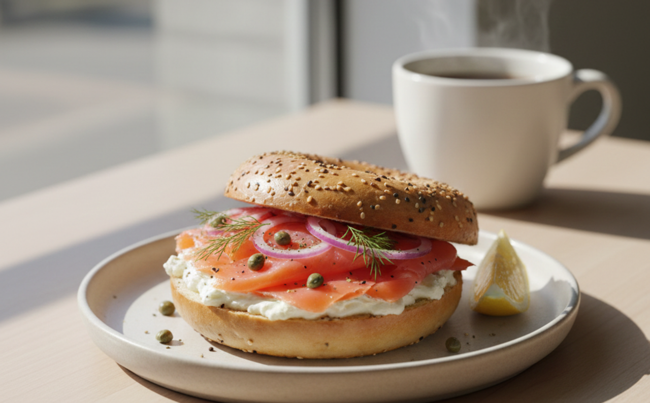 Smoked salmon bagel high protein breakfast