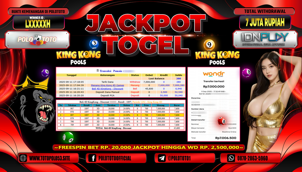 POLOTOTO JACKPOT TOGEL KING KONG Rp.7.000.000,-LUNAS