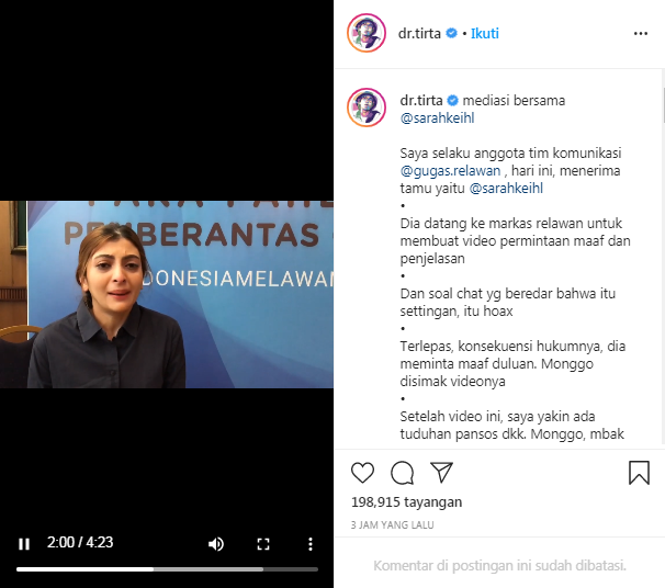 Sarah Keihl meminta maaf