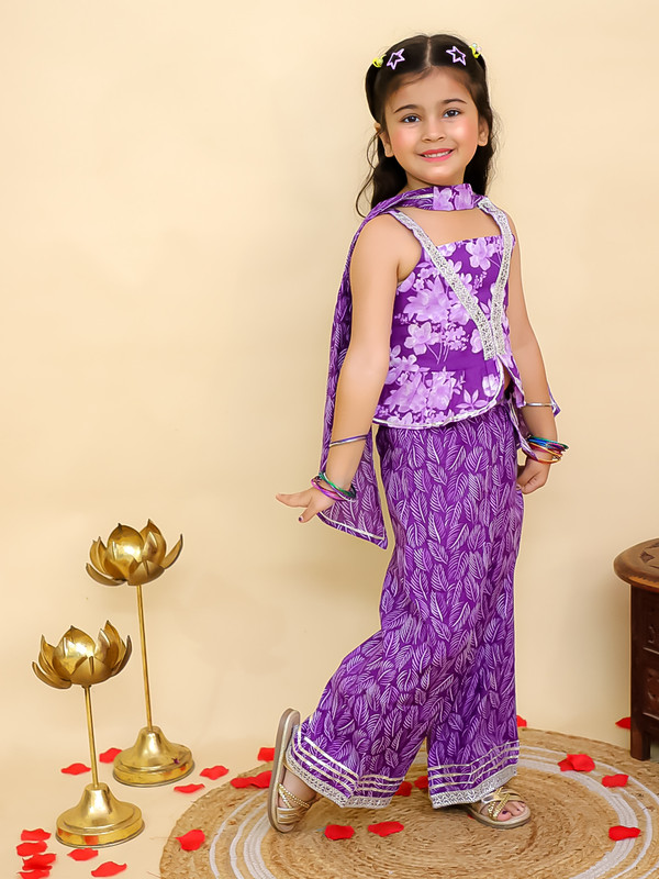 Kids Girls Party Wear Dress Floral Printed Girls Co-Ords Top Bottom Dupatta Set - Picture 11 of 18