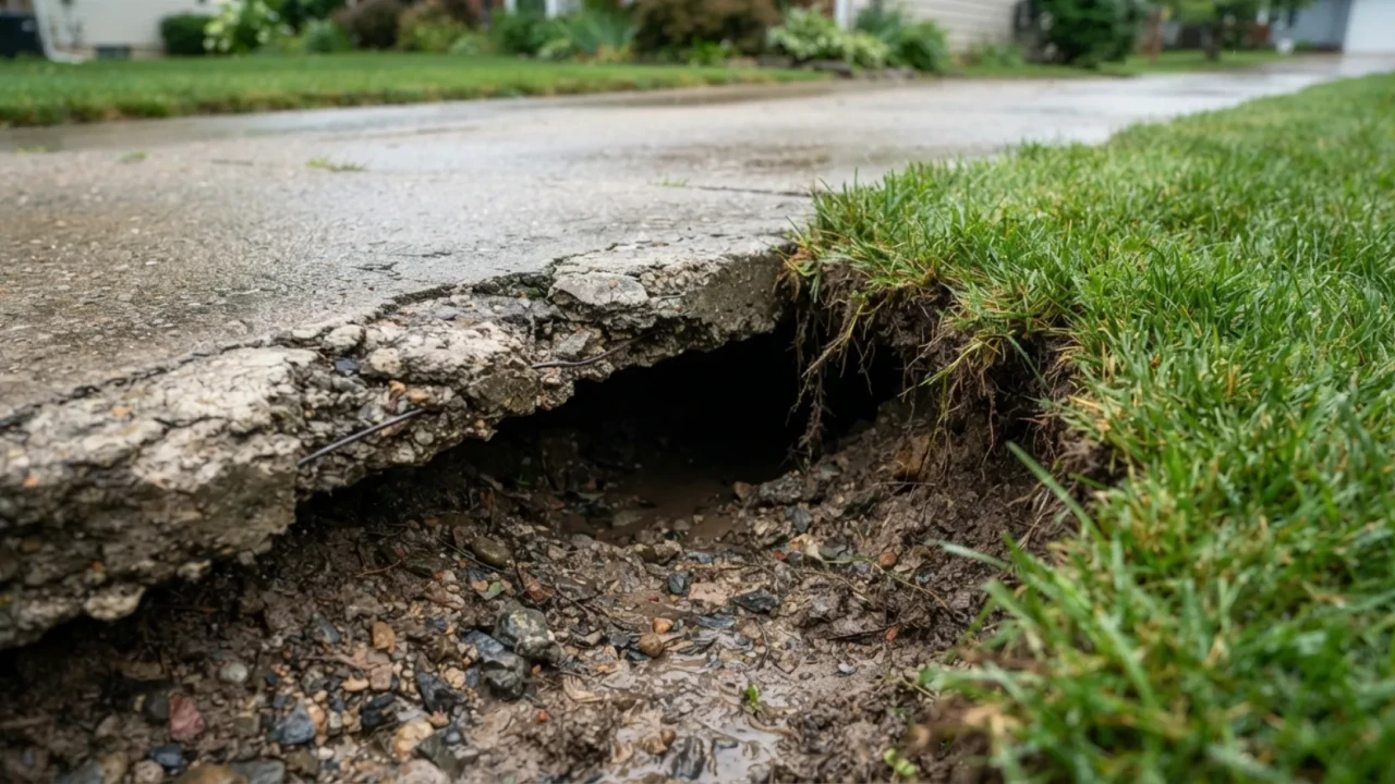 Rain water damage concrete driveway edge erosion San Antonio
